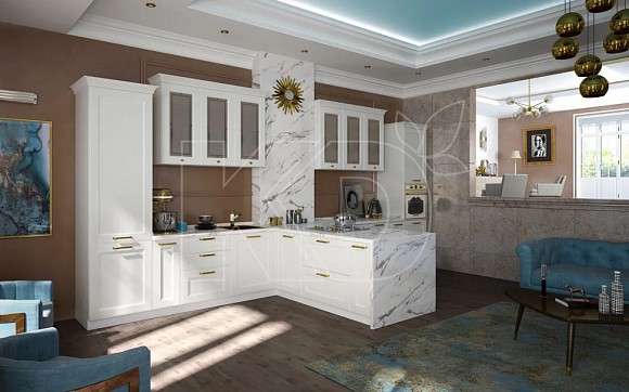 Белая кухня в сочетании с деревом